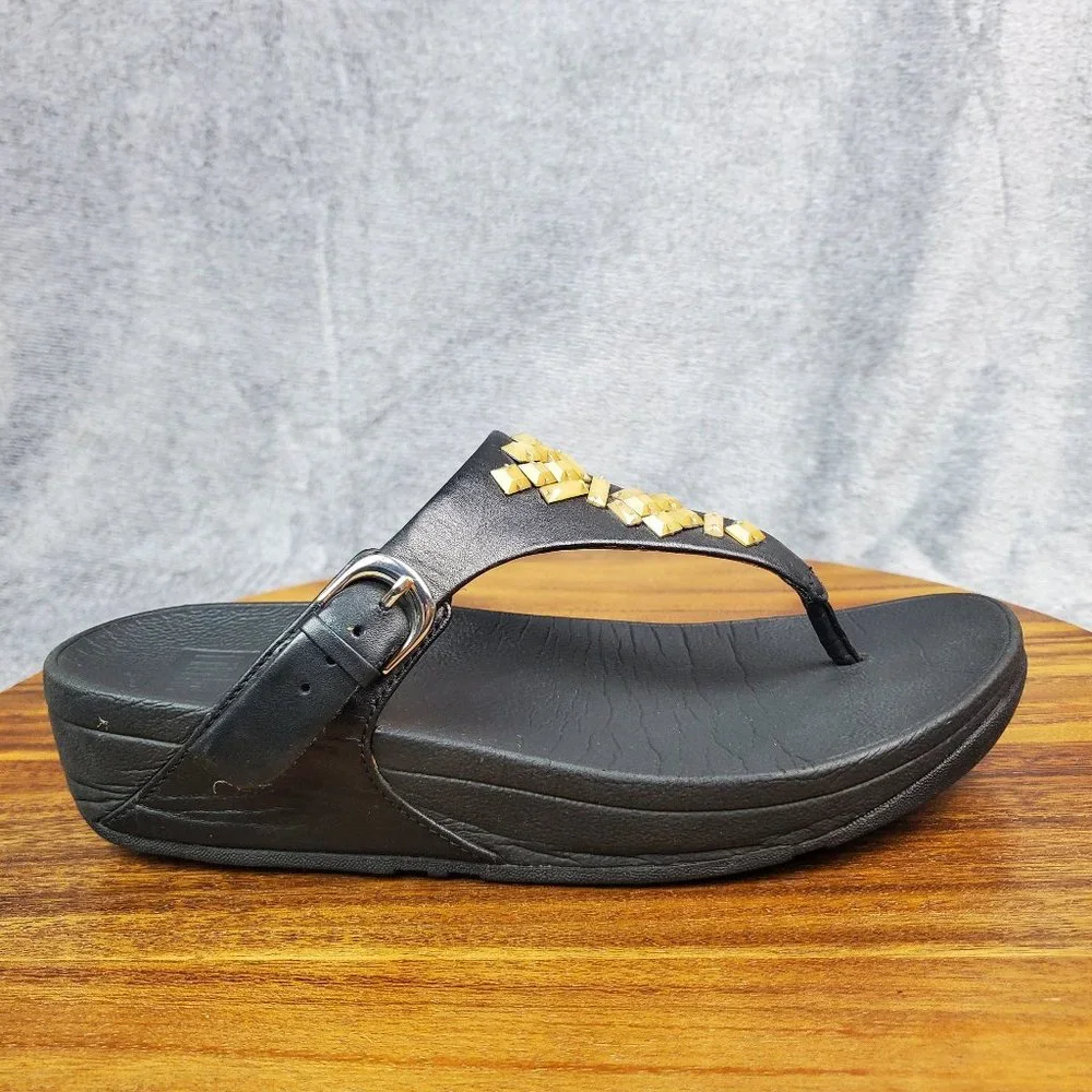 FitFlop Sandals Women's 7 Black Leather Toe Post Thong Buckle Jeweled Comfort